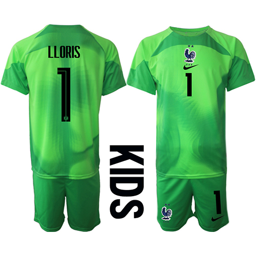 Fotbalové Dres Francie Hugo Lloris #1 Brankářské Dětské Venkovní MS 2022 Krátký Rukáv (+ trenýrky)